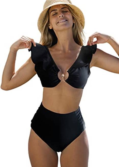 SPORLIKE Women High Waisted Swimsuit Ruffle Padded Bikini Set(Black-19872,Large)
