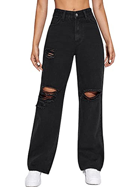 SweatyRocks Womens High Waist Slant Pocket Denim Jeans Ripped Straight Leg Pants Plain Black L