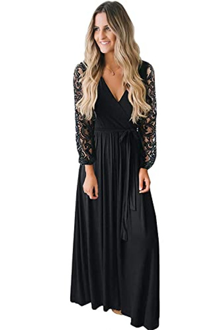 Kranda Womens Casual Floral Lace Long Sleeve Faux Wrap V Neck Dress Black M