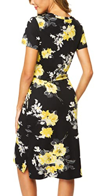 Simier Fariry Women Summer Knit Adjustable Drawstring Casual Midi Blouson Dress Floral Black M