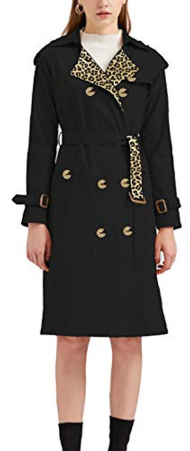 Soesdemo Women's Trench Coat Leopard Print Double-breasted Coats (Black, Medium)