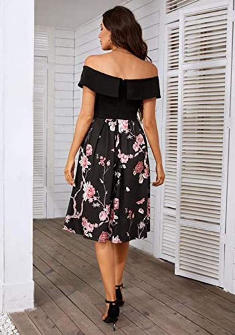 JASAMBAC Wedding Guest Dresses for Women A Line Floral Off Shoulder Cocktail Dress with Sleeves