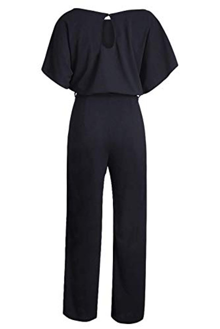 Happy Sailed Casual Loose Short Sleeve Belted Pant Romper Jumpsuit (2XL Black)