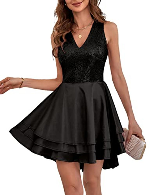 Lrady Women's Sequin Glitter V Neck Skater Mini Club Swing Dress, Black, Large