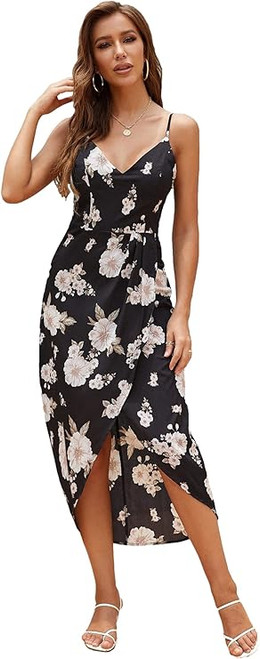 CMZ2005 Womens Deep V Cross Slit Long Party Dress Elegant Spaghetti Straps Maxi Dress 71730 (X-Large, Black Flower-3, x_l)