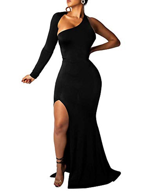 BEAGIMEG Womens Elegant One Shoulder Backless Evening Long Dress Black, M