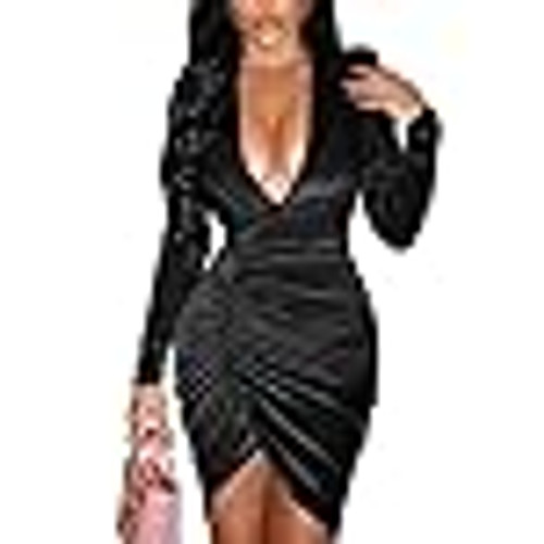 IyMoo  Womens Dress - Womens  Wrap V Neck Velvet Elegant Bodycon Ruched Cocktail Party Midi Dress Long Sleeve Split Dress Black