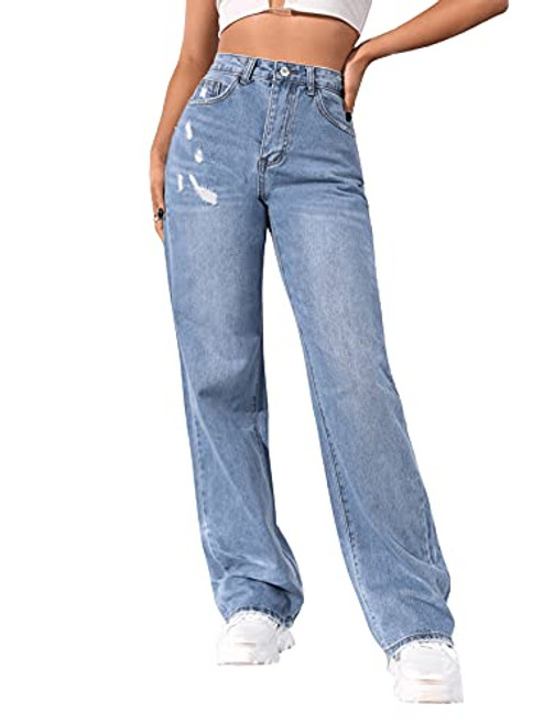 SweatyRocks Womens Casual Boyfriend Jeans High Rise Denim Pants with Pocket Light Blue L