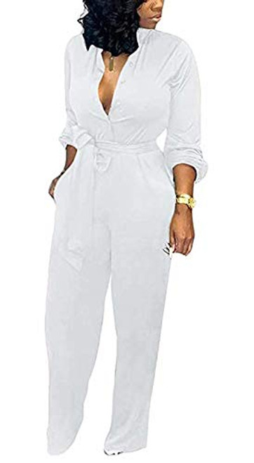 Aro Lora Womens  Deep V Neck Long Sleeve Button Down One Piece Wide Leg Jumpsuit Romper X-Large White