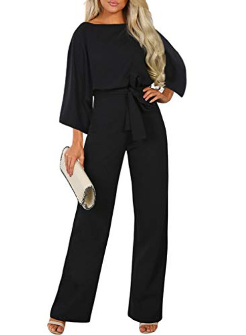 Happy Sailed Women Casual Loose 3/4 Sleeve Belted Wide Leg Pant Romper  L -Black