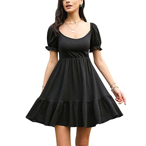 EXLURA Womens Off Shoulder T-Shirt Dress Sweetheart Neckline Short Puff Sleeve Backless Tie Back Skater Mini Dress Black