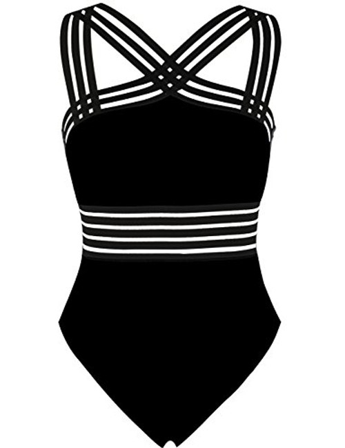 Hilor Womens One Piece Swimwear Front Crossover Swimsuits Hollow Bathing Suits Monokinis Black M/US8-10