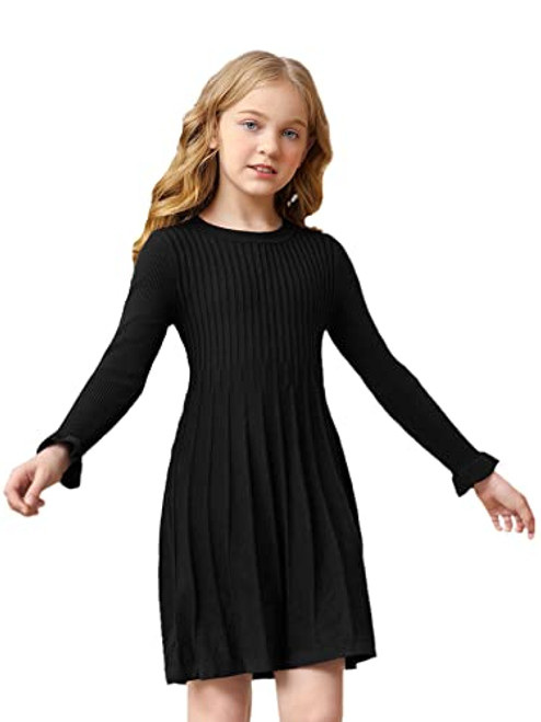 SOLY HUX Girls Long Sleeve Ribbed Knit High Waist Flared A Line Short Dress Black 11-12Y