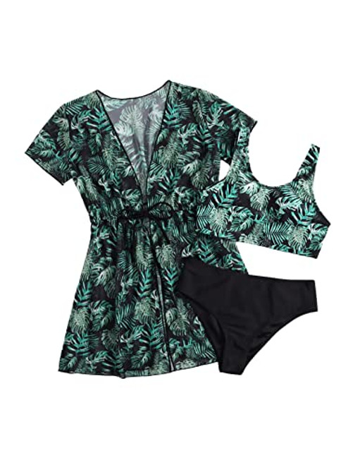 SOLY HUX Girls Tropical Print Bikini Bathing Suit with Kimono 3 Piece Swimsuits Multi 160