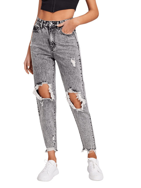 SweatyRocks Womens High Waist Ripped Jeans Distressed Raw Hem Denim Pants Light Grey S