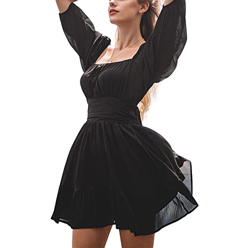 EXLURA Womens Lantern Sleeve Tie Back Summer Dress Ruffled Off Shoulder A-Line Vintage Mini Dress Black