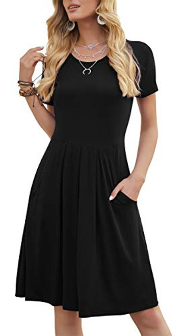 DouBCQ Womens Casual Short Sleeve Flowy Pleated Loose Dresses with Pockets (Black, XL)