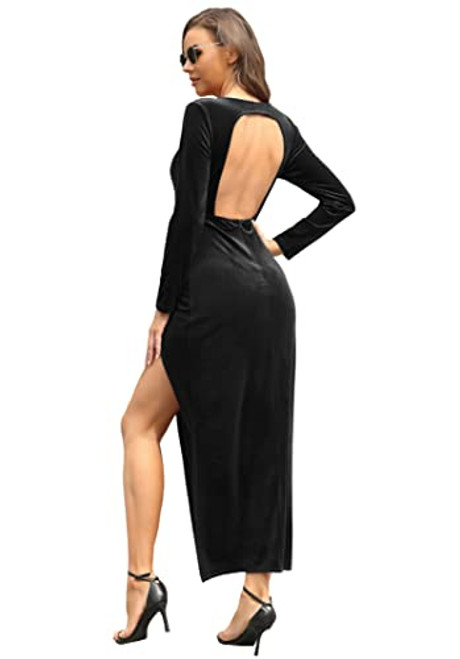 cmz2005 CMZ2005 Womens Velvet Long Sleeves Backless Party Maxi Dress Ruched High Side Slit Formal Evening Gown 71891 (Large, Black)