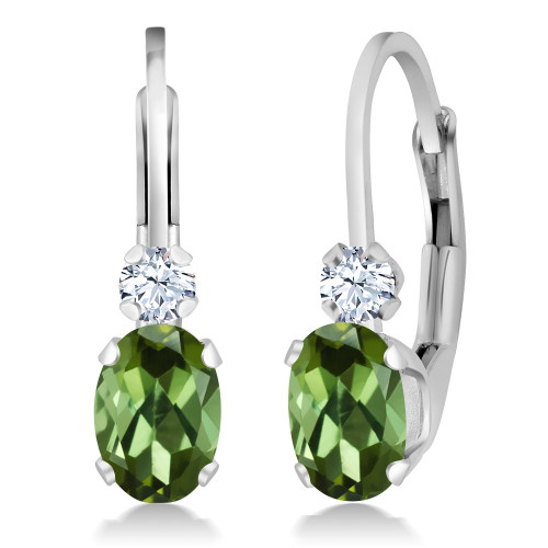 Gem Stone King 925 Sterling Silver Green Tourmaline and White Sapphire Leverback Earrings For Women (0.88 Ct Oval, 3/4 Inch)