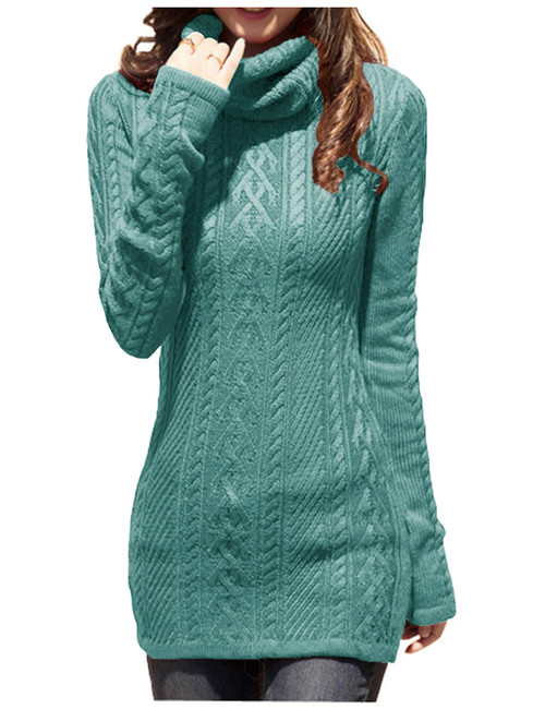v28 Women Polo Neck Long Slim Turtleneck Cable Knit Sweater Dress (XS,Jadeblue)