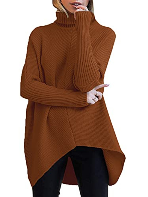 Anrabess ANRABESS Women Ribbed Turtleneck Sweater Oversized Long Sleeve High Low Hem Knitwear 2023 Fall Pullover Jumpers A87Zong-M Caramel