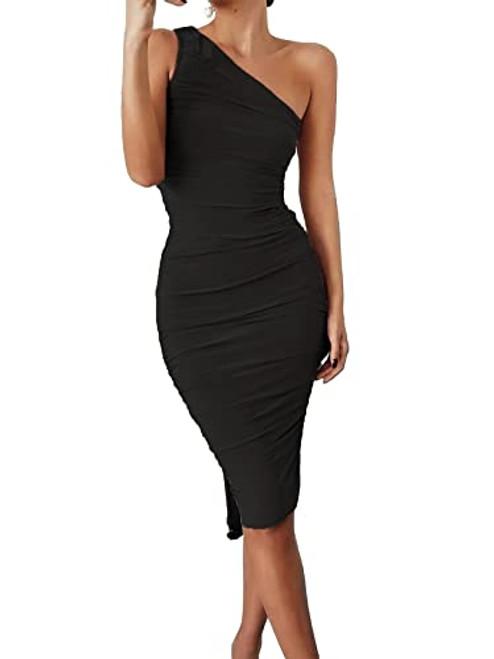 GEMEIQ Women’s Ruched One Shoulder Bodycon Midi Dress  Sleeveless Cocktail Party