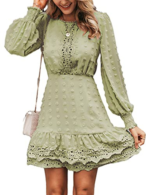 Miessial Womens Fall Long Sleeve Chiffon Lace Mini Dress Ruffle Aline Casual Short Dress Green 4-6