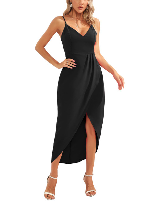 CMZ2005 Womens V Neck Backless Maxi Dress Sleeveless Spaghetti Straps Cocktail Party Dresses 71729 (S, Black)