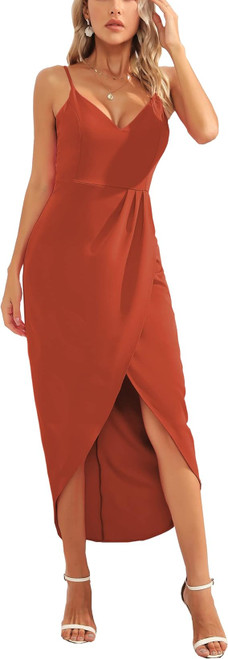 CMZ2005 Womens V Neck Backless Maxi Dress Sleeveless Spaghetti Straps Cocktail Party Dresses 71729 (S, Rust)