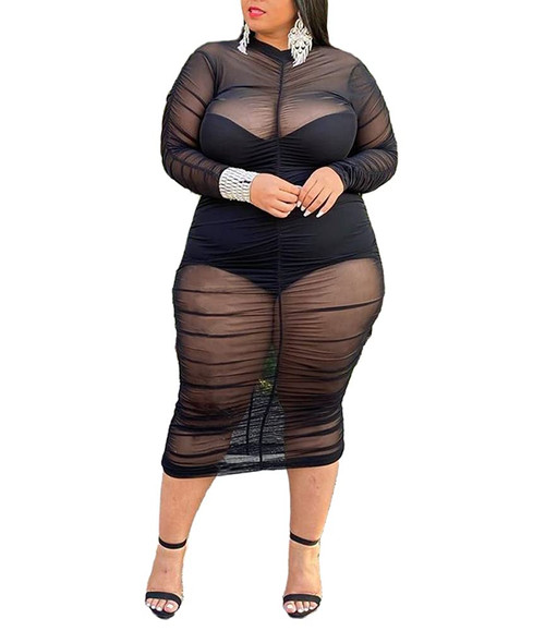 Ophestin Womens  See Through Plus Size Long Sleeve Mesh Dress Club Outfit Black XXL