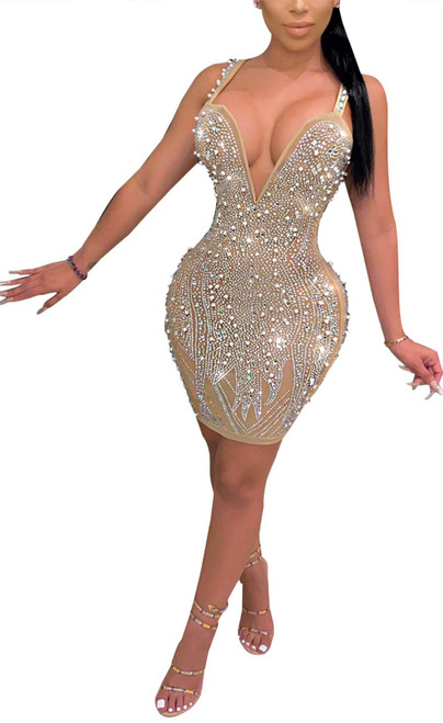 Aro Lora Womens  Sleeveless Glitter Rhinestones Nightclub Party Bodycon Mini Dress X-Large Apricot