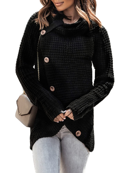 BLENCOT Womens Casual Cowl Neck Asymmetric Button Wrap Hem Lightweight Chunky Knitted Pullover Sweater Black XL