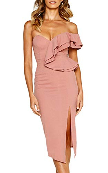 ECOWISH Womens Dresses Ruffle One Shoulder Sleeveless Split Bodycon Midi Party Dress Pink X-Large