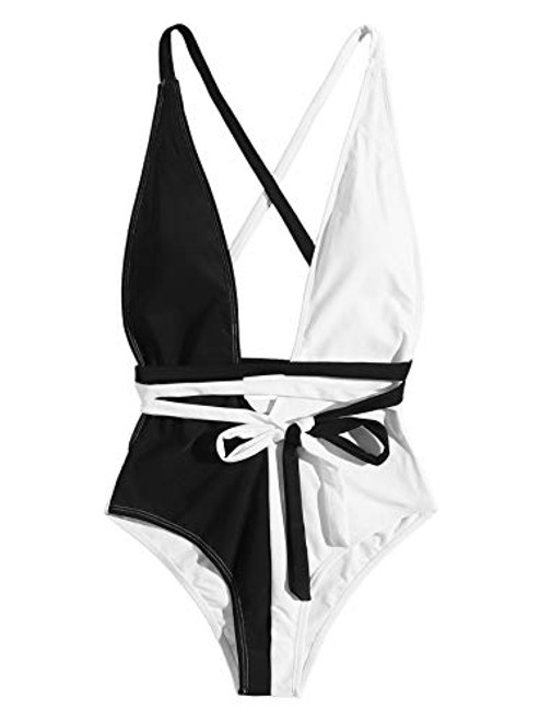 SweatyRocks Womens  Basic Criss Cross Tie Knot Front Deep V Open Back One Piece Swimwear Black White M
