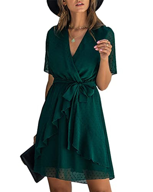 BTFBM Women 2023 Fashion Faux Wrap V-Neck Dresses Short Sleeve High Waist Belt Swing Ruffle Hem Aline Summer Short Dress(Dark Green, X-Large)