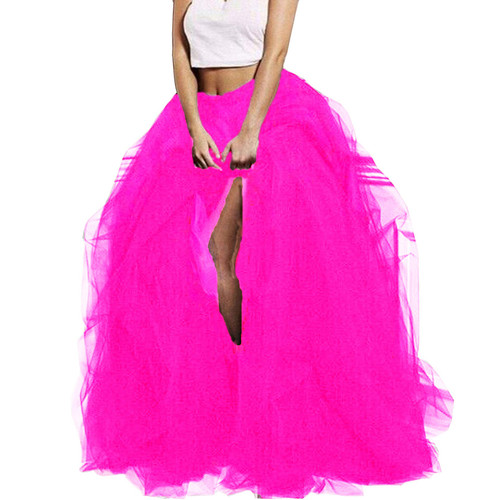 Lisong Women Maxi Tulle Floor Length Layered High Waist Spectial Occasion Skirt L Hot Pink