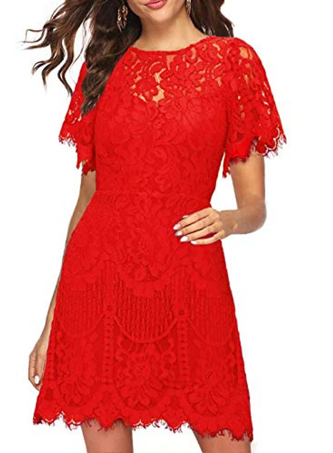 MSLG Cocktail Dresses Women Wedding Guest Summer Floral Lace Evening Party Travel Comfortable Simple A Line Dress for Teens 910 (Red, XL)