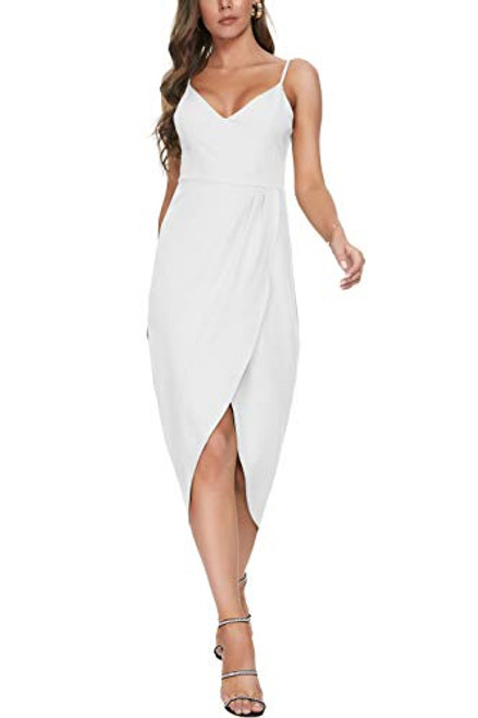 CMZ2005 V Neck Backless Maxi Dress Sleeveless Spaghetti Straps (Dress L, White)