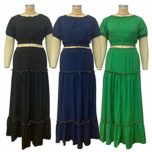 IYMOO IyMoo 2pcs Solid Color Women Suits Crop Top + Long Skirt Set Blue X-Large