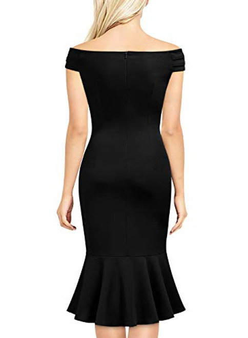 Knitee Womens Off Shoulder V-Neck Ruffle Pleat Waist Bodycon Evening Cocktail Slit Formal Dress (Black, X-Large)