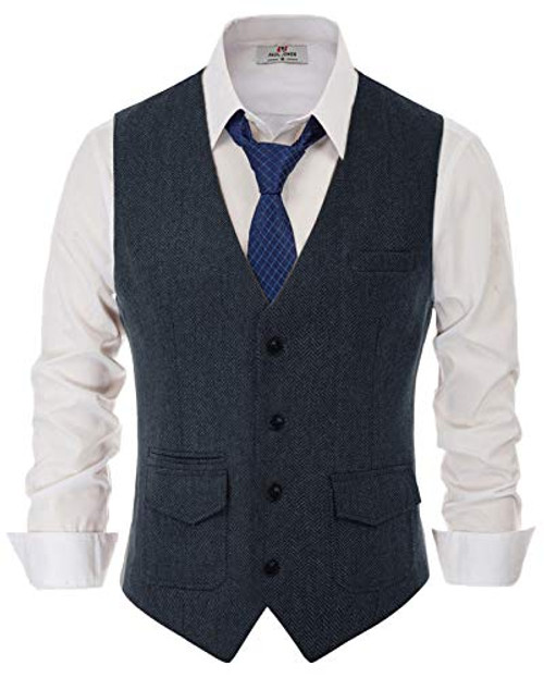 PJ PAUL JONES Mens Tweed Vest Herringbone Fashion Wool Blend Wedding Waistcoat Navy 2XL