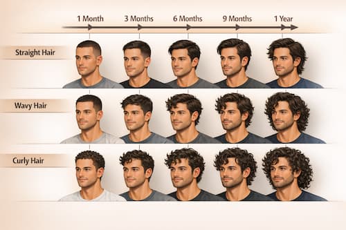 Growth timeline showing milestones for straight/wavy/curly hair