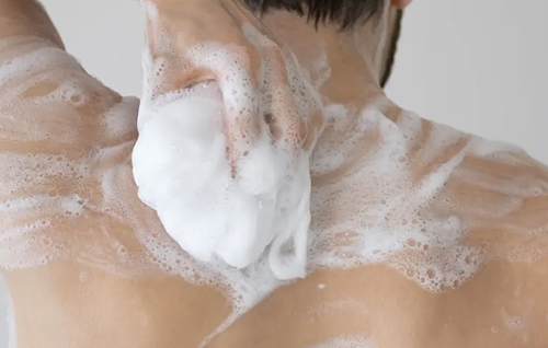 Long-handle grooming tool being used on back