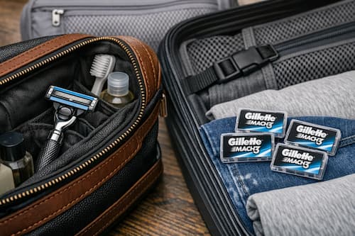 Safety razor handle in a travel pouch with blades packed separately for checked luggage.
