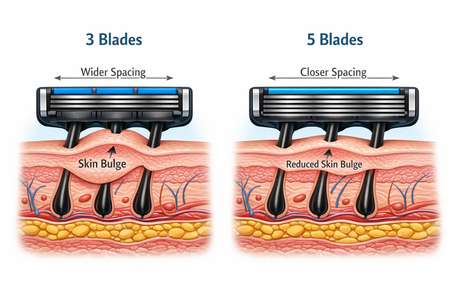 Cross section diagram: blade spacing vs skin bulge (3 vs 5 blades).