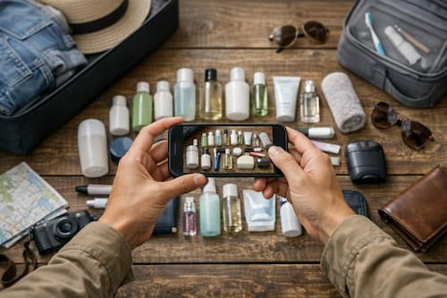Traveler photographing grooming items before packing to verify TSA compliance.