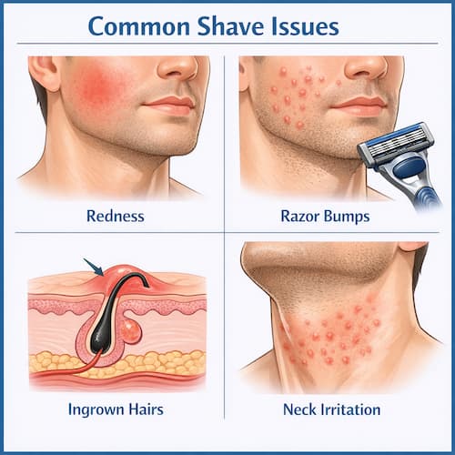 Visual guide of common sensitive skin shaving issues like redness and razor bumps.