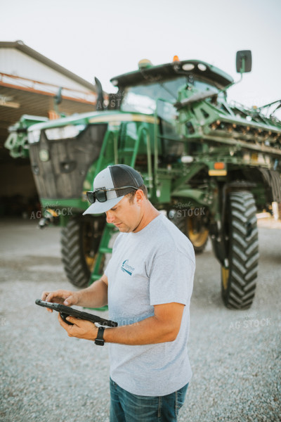 Farmer Looking at iPad with Sprayer in Background 6245