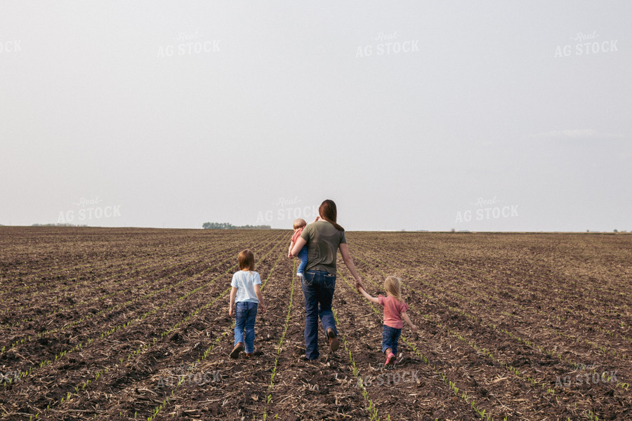 Female Farmer and Daughters Play in Emerging Corn Field 67288