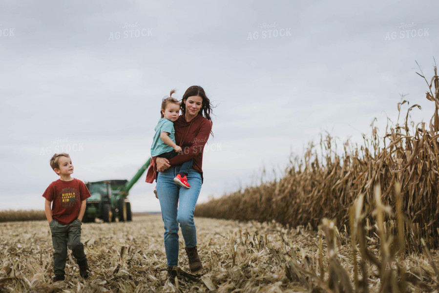 Female Farmer and Kids Walking Away from Tractor 8610